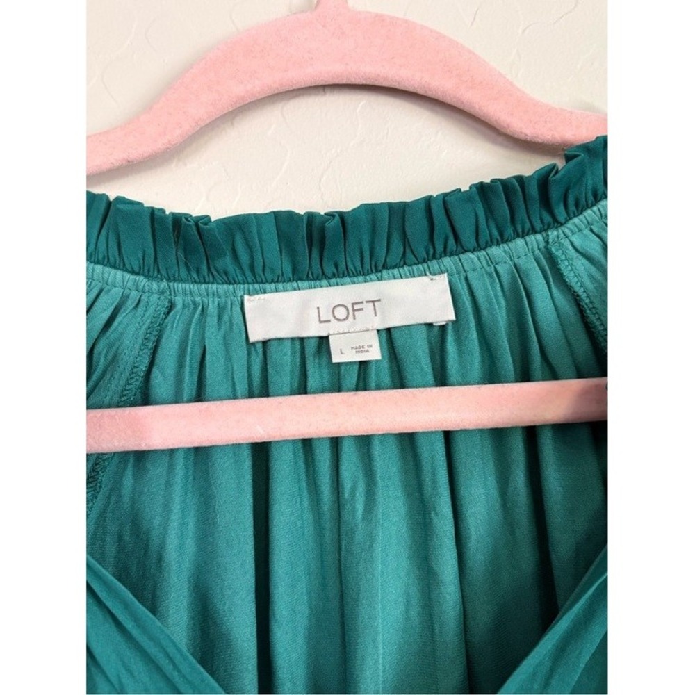 LOFT Peasant Blouse Women Large Green Excellent Smocked Tie Neck Long Sleeve - Picture 3 of 6